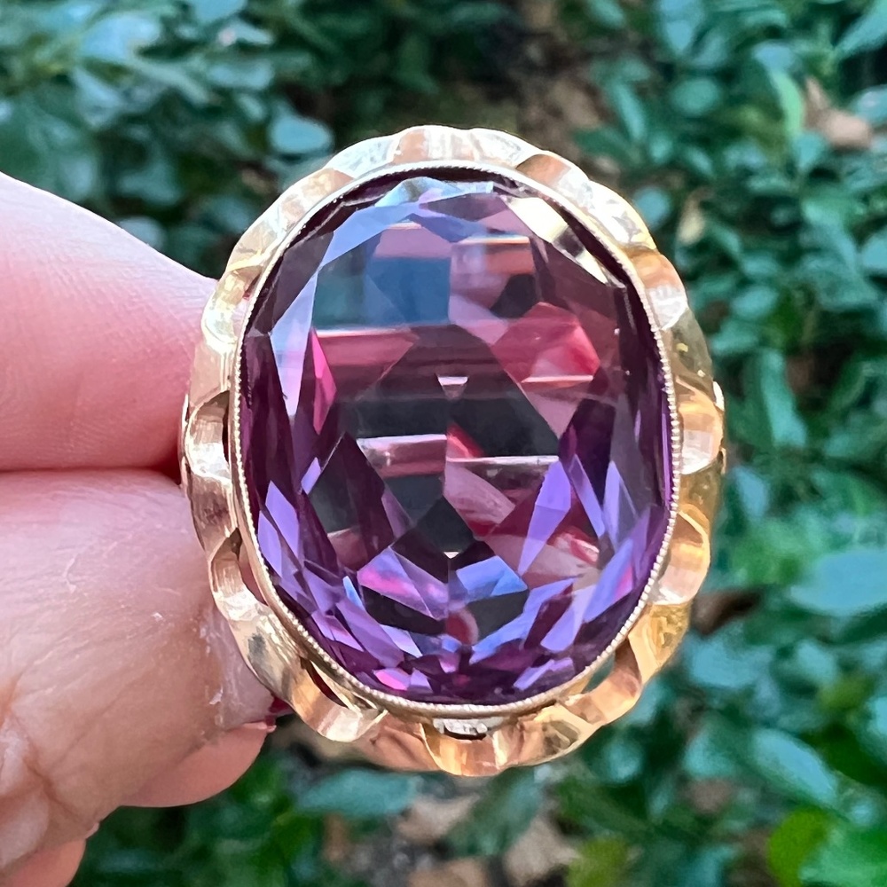 VINTAGE 14K ROSE GOLD HUGE SYNTHETIC ALEXANDRITE PURPLE SAPPHIRE RING EUROPEAN